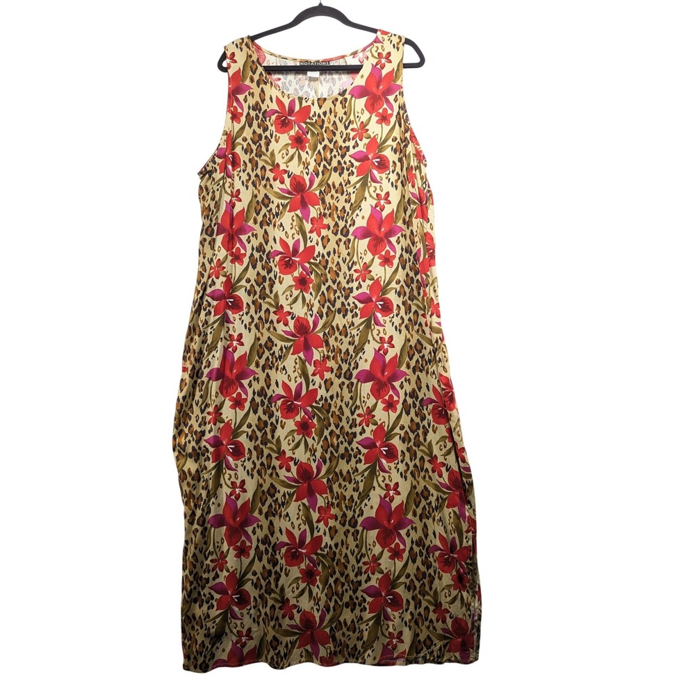 Notations‎ Woman 1X Maxi Dress Leopard Floral Red Tropical Rayon Sleeveless